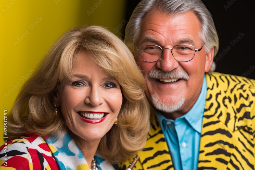 Joyful senior couple dressed in trendy and exuberant outfits, radiating happiness and positivity