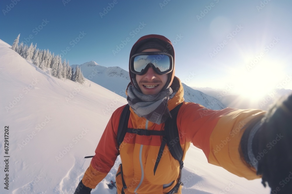 Selfie of a guy on a hike with a backpack along a mountain road, a man smiles at the camera, his photo is on the phone, delight, joy. High quality photo. Generative AI