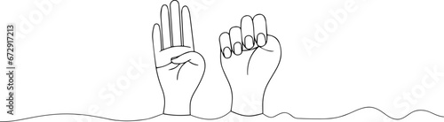 Hand gesture in case of domestic violence, insecurity. Sign language. The violence at home signal for help. Vector stop symbol or pictogram. Line pattern. Domestic Violence awareness month, October.