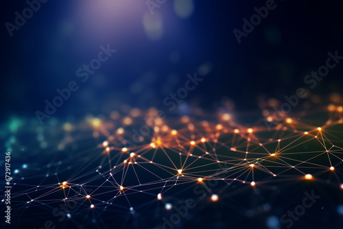 Technology innovation background with connected network dots. Data science, digital world, cyberspace, metaverse concept.
