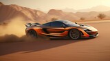 AI generated illustration of an orange sports car drifting on sand