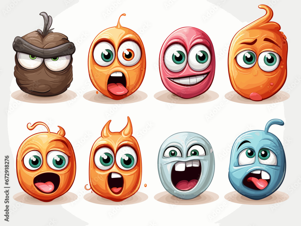 Drawing of 8 Emojis different expressions illustration separated, sweeping overdrawn lines.