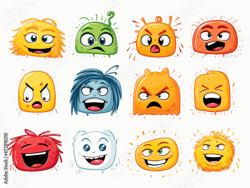 Drawing of 8 Emojis different expressions illustration separated, sweeping overdrawn lines.