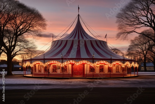 Festive Winter Sunset. Enchanting Circus Tent in the Serene Evening Chill as the Sun Sets in Beauty