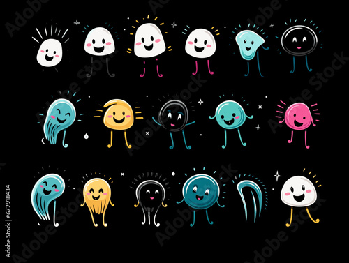 Drawing of 8 happy Emojis different expressions illustration separated, sweeping overdrawn lines.