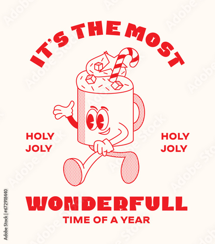 Christmas and New Year retro cartoon characters template poster. Cup of coffee drink walking to party. Merry xmas Vector mascot groovy illustration in trendy vintage comic style isolated on background