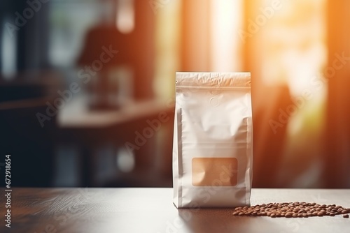 blank coffee bag mockup on table with cinematic light effect, coffee bag mockup, Generative Ai 