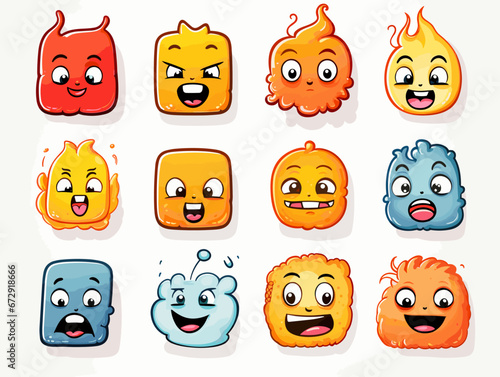 Drawing of 8 types Doodle Emoji face icon set illustration separated, sweeping overdrawn lines.