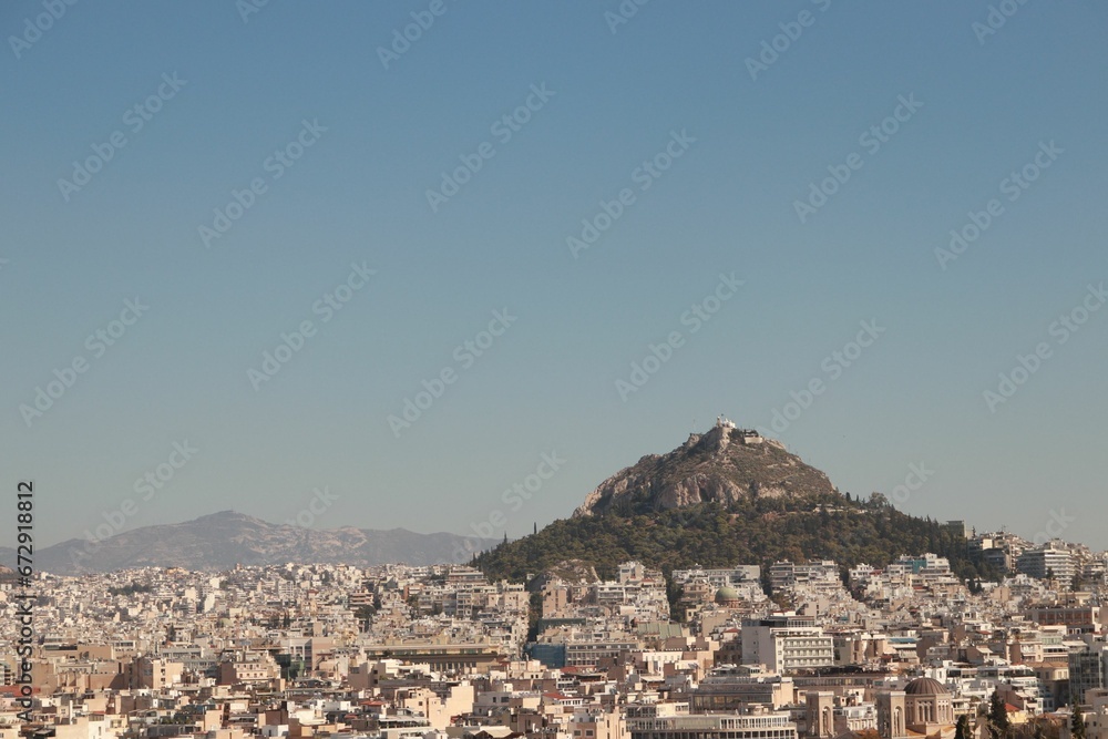 Beautiful view of Mount Lycabettus and Kolonaki district from the Areopagus Hill, Athens, Greece
