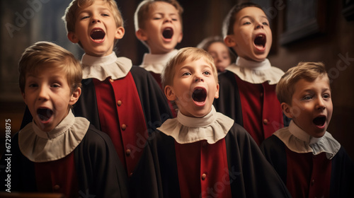 Young choir boys in red and black singing joyfully.
