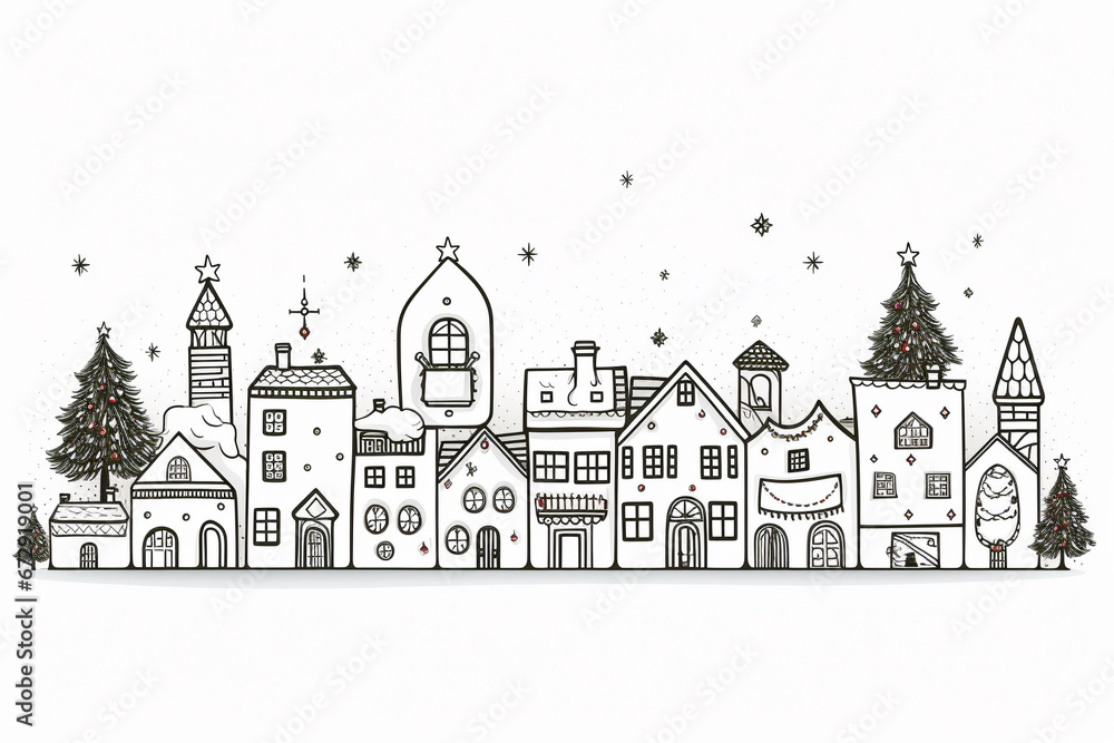 Christmas village in a horizontal row, Christmas Holiday, Winter illustration, vector illustration flat style background, banner, wallpaper, space for text