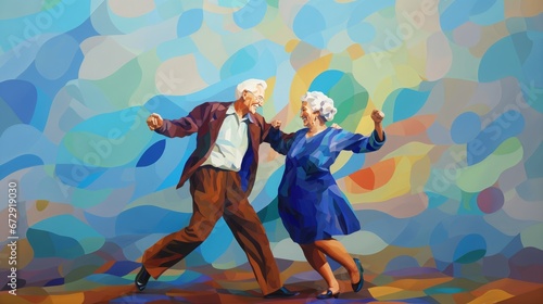 Old senior happy couple woman family man people mature dance love home fun. Grandmother happy old senior beautiful smile older grandfather together background party age young lifestyle grandparents. photo