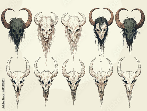 Drawing of 8 types of Satanic Goat Head horns Sheep Skull illustration separated, sweeping overdrawn lines.