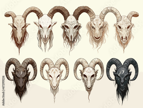 Drawing of 8 types of Satanic Goat Head horns Sheep Skull illustration separated, sweeping overdrawn lines.