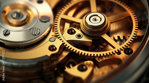 Intricate golden gears of a watch mechanism in close-up view.
