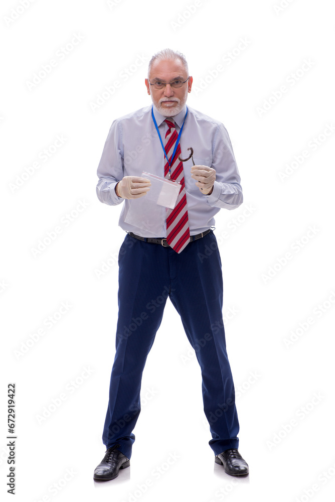 Old criminologist isolated on white Old criminologist isolated on white