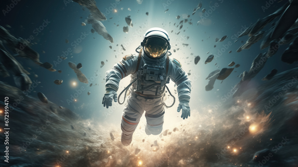 Fototapeta premium Astronaut floating amid space debris and glowing embers.