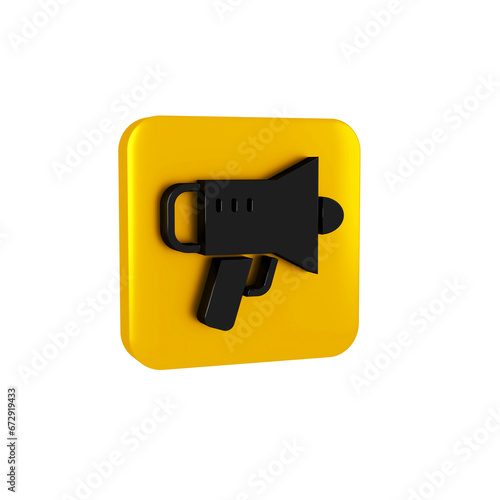 Black Megaphone icon isolated on transparent background. Speaker sign. Yellow square button.