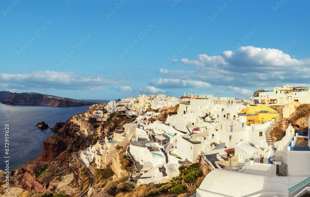 Santorini island in Greece, bird eye view over Oia village.
