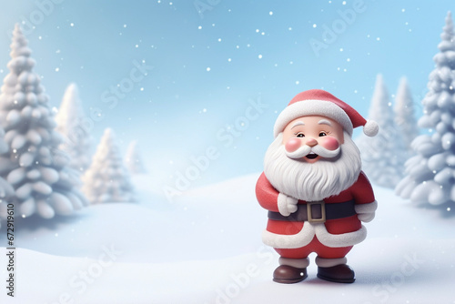 Cute Santa Claus, looking at camera, Christmas background, New Year, greeting card, space for text, winter landscape © Minithalie