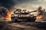 armored tank crosses a mine field during war invasion epic scene of fire and some in destroyed city. ai generative