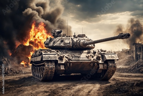 armored tank crosses a mine field during war invasion epic scene of fire and some in destroyed city. ai generative