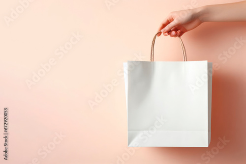 Closeup of female hand holding blank white shopping paper bag. ai generative
