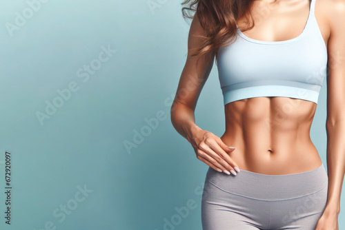 Cropped image of an athletic woman with beautiful flat belly. ai generative photo