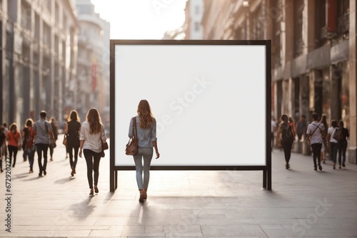 display blank clean screen or mockup for offers or advertisement in public area with people walking. ai generative photo