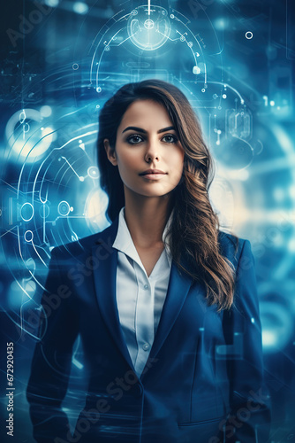 Business Woman with futuristic holographic user interface in the background, with empty copy space 