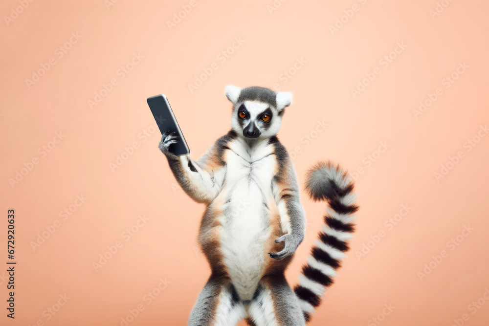 lemur with smartphone on solid background. ai generative