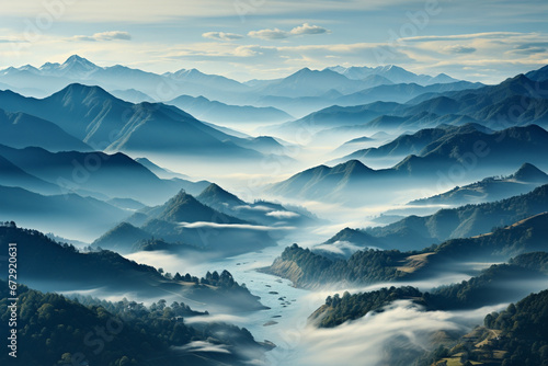 beautiful minimalistic landscape of mountains in fog ariel view