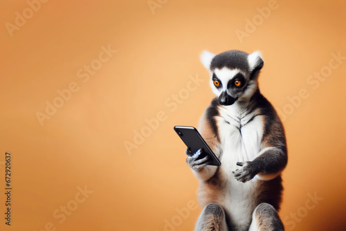 lemur with smartphone on solid background. ai generative