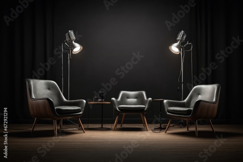 chairs and spotlights in podcast or interview room on dark background. ai generative
