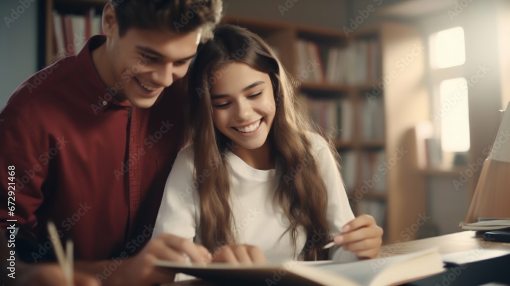 Peer Learning: Bright Teenager Assists Classmate with Exam Prep in College. Generative ai Peer Learning: Bright Teenager Assists Classmate with Exam Prep in College. Generative ai