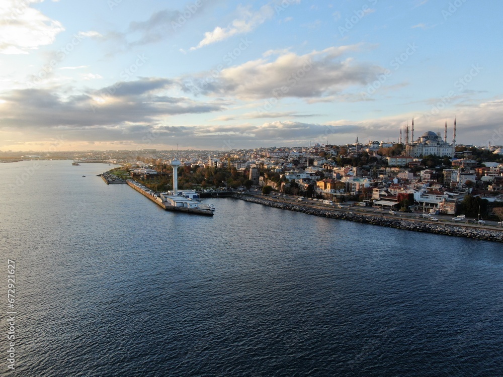 Istanbul, Turkey. Sultanahmet with the Blue Mosque and the Hagia Sophia (Ayasofya) with a Golden Hornt. Topkapi Palace aerial view. Istanbul, Turkey. Sultanahmet with the Blue Mosque and the Hagia Sophia (Ayasofya) with a Golden Hornt. Topkapi Palace aerial view.