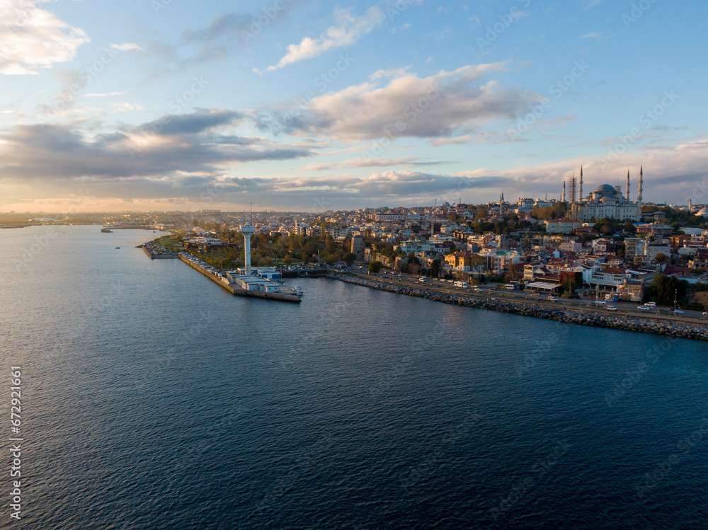 Naklejka premium Istanbul, Turkey. Sultanahmet with the Blue Mosque and the Hagia Sophia (Ayasofya) with a Golden Hornt. Topkapi Palace aerial view