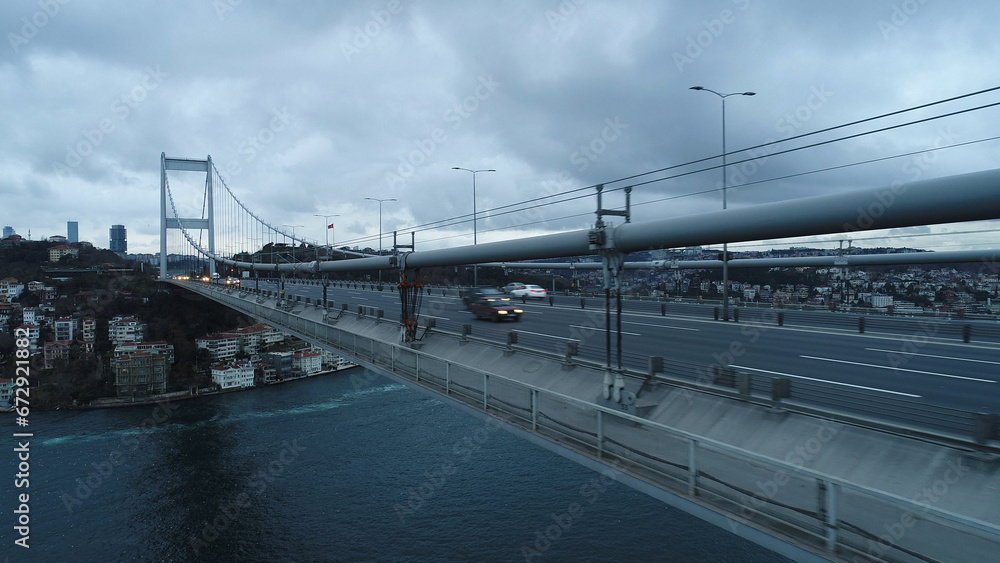 Istanbul Bosphorus Bridge, 15 July Martyrs Bridge from Sky Aerial view. suspension bridge vehicle traffic Istanbul Bosphorus Bridge, 15 July Martyrs Bridge from Sky Aerial view. suspension bridge vehicle traffic