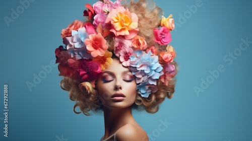 Surreal Blossom Crown: Beauty Woman Portrait on Studio Backdrop. Generative ai © Scrudje