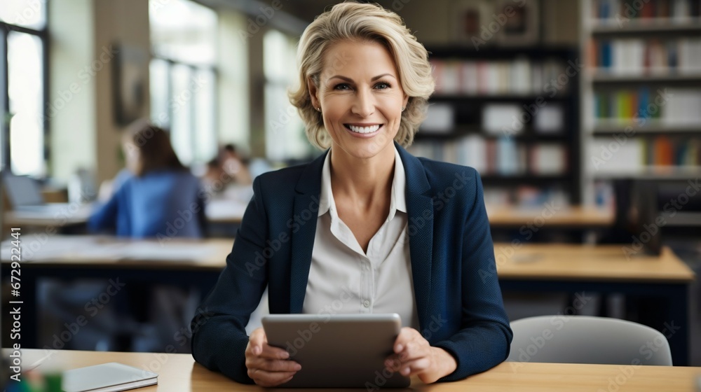 Educational Innovations: Middle-Aged Female Teacher with Tablet at School Office. Generative ai Educational Innovations: Middle-Aged Female Teacher with Tablet at School Office. Generative ai