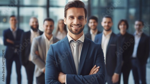 Corporate Confidence: Young Smiling Businessman with His Team in the Background. Generative ai