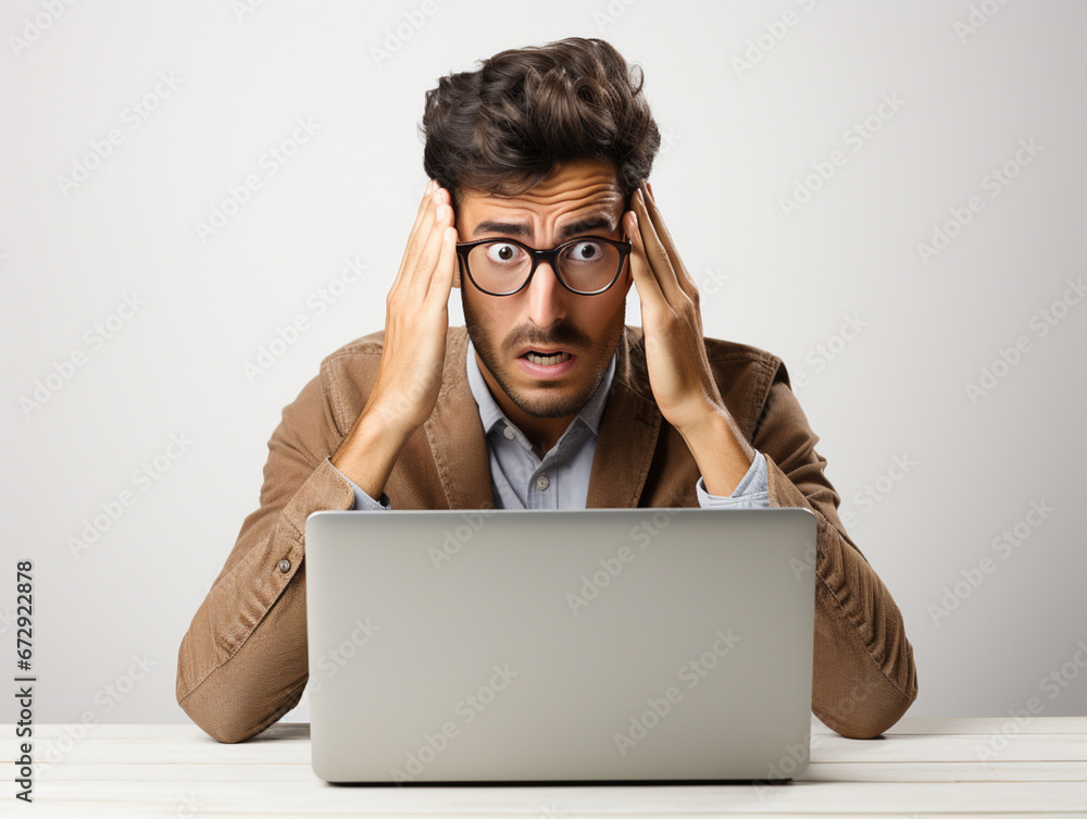 Male business man behind laptop looking shocked Male business man behind laptop looking shocked
