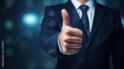 Businessman hand thumb up with virtual correct sign or tick mark for approve quality assurance and guarantee concept. photo