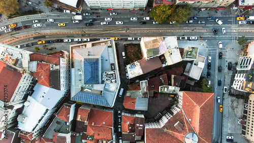 A city view with many buildings and a street. Top view of Istanbul streets. top view of buildings and streets in the city