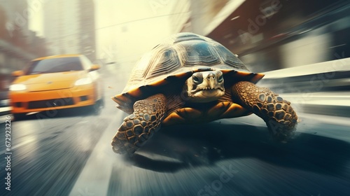 Speeding Turtle on Bustling City Avenue. Generative ai © Scrudje