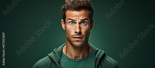 A front facing portrait of a stunning young man with a surprised expression alone against a green backdrop in a studio This image captures the concept of arguing as seen through human emotio