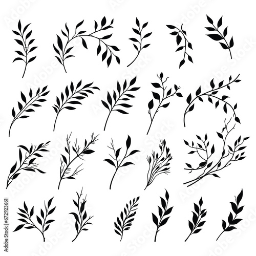 Hand drawn tree branches and leaves set illustration