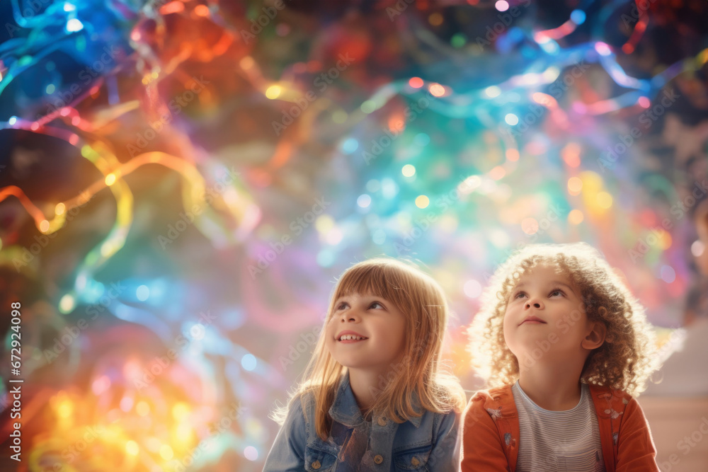 Children with glowing, colorful lights intertwined in their hair, symbolizing neurodiversity and the distinctive qualities that make each child unique Children with glowing, colorful lights intertwined in their hair, symbolizing neurodiversity and the distinctive qualities that make each child unique