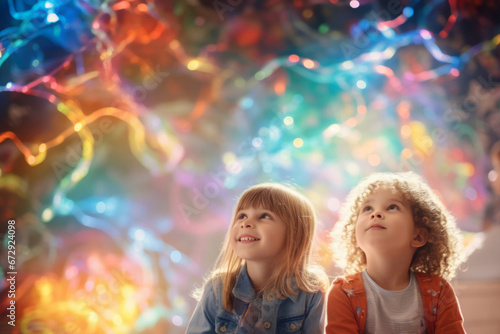 Children with glowing, colorful lights intertwined in their hair, symbolizing neurodiversity and the distinctive qualities that make each child unique