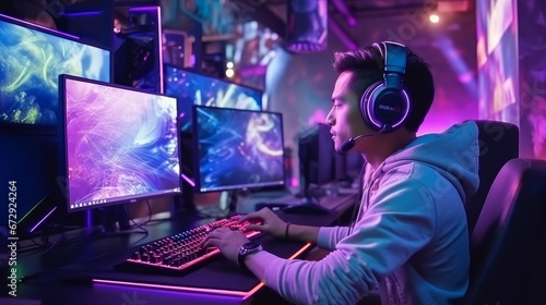 Young confident Asian man playing online computer video game, colorful lighting broadcast streaming live at home. Gamer lifestyle, E-Sport online gaming technology concept